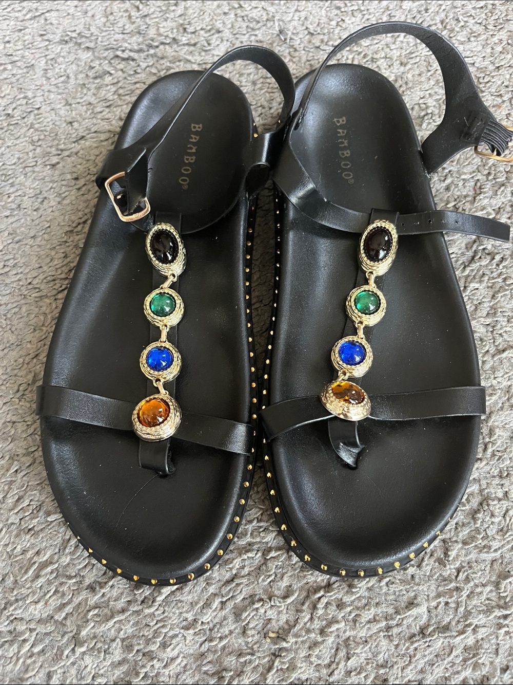BAMBOO Black Jeweled T-Strap Sandals